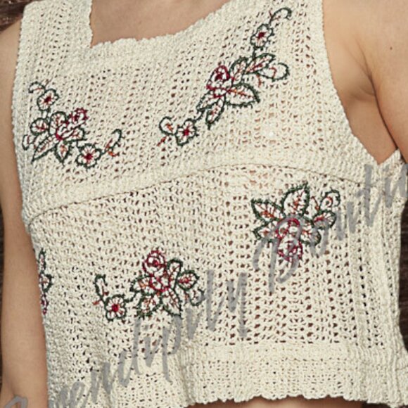 POL Crochet Delicate Floral Embroidered Soft Natural Open Knit Sleeveless Crop T - Picture 7 of 11